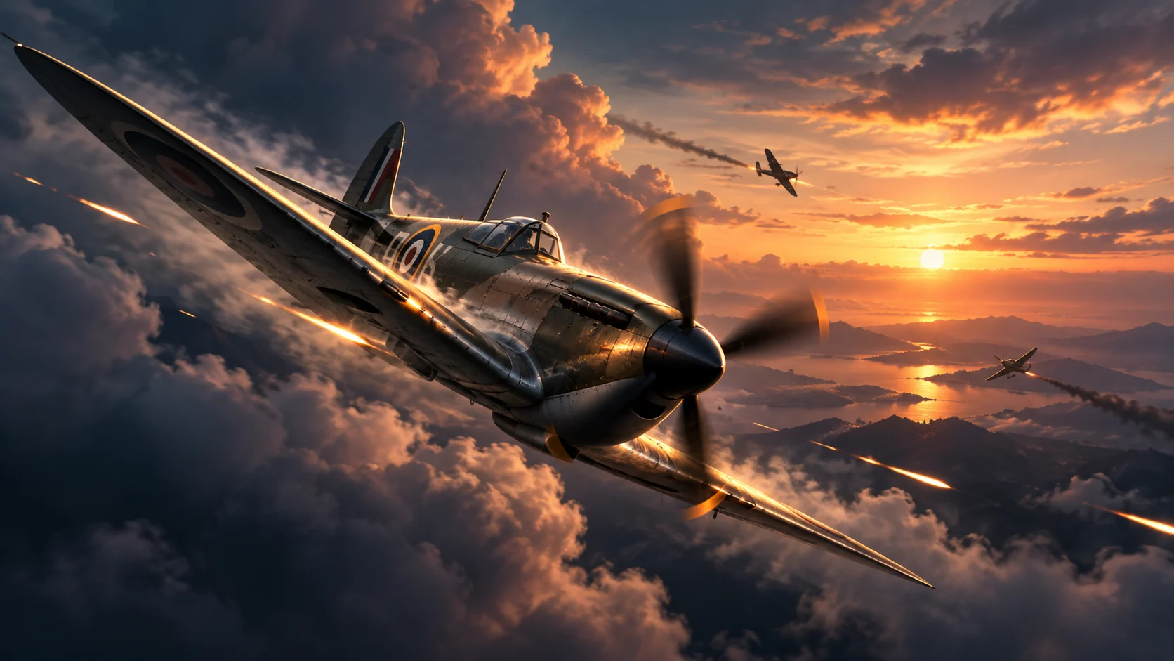 Cinematic concept art of a World War II fighter in flight for Ace Storm