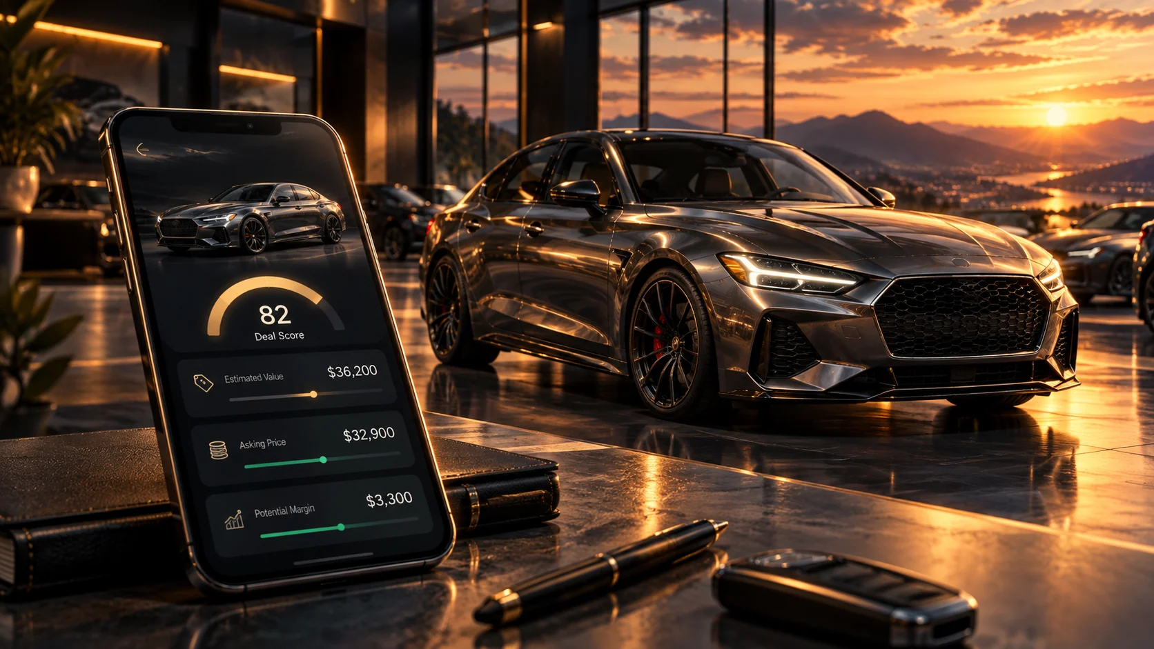 Cinematic concept art of an automotive analysis app and car showroom