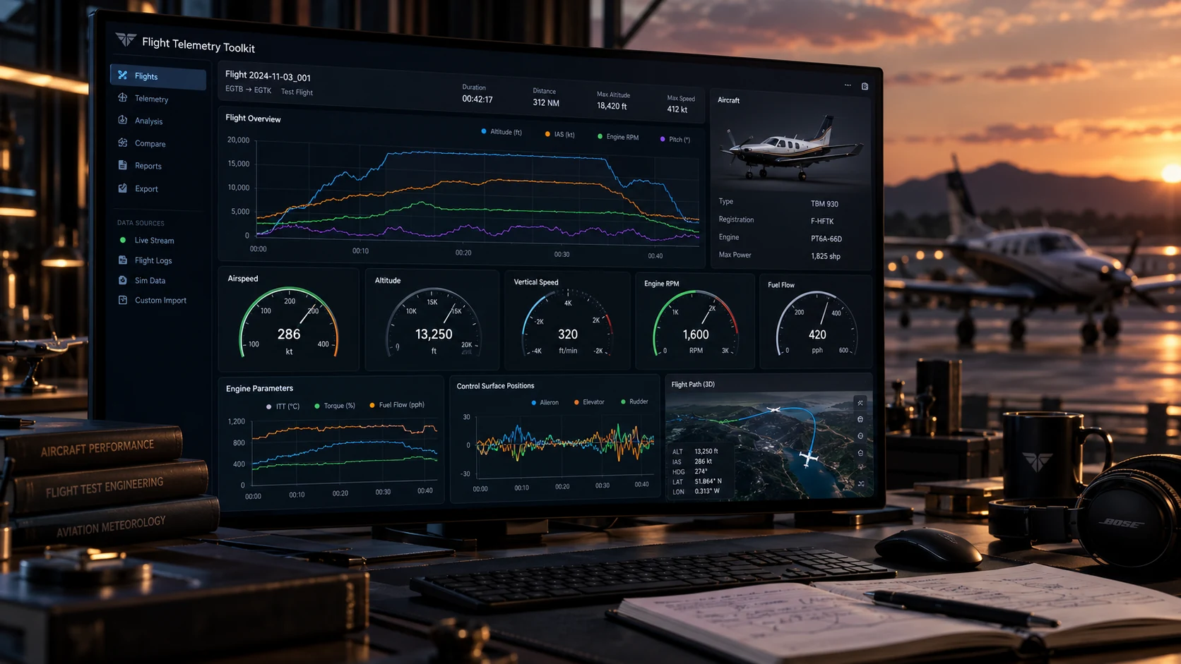 Cinematic concept art showing a flight telemetry dashboard on a desktop workstation